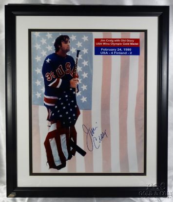 Picture of Signed Jim Craig 1980 USA Olympic Hockey Old Glory Flag 16x20 Photo Framed 14809