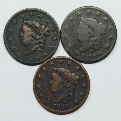 Picture of 1818, 1819, 1828 Large Date Coronet Head Large Cents 1c 3 Coins 28192