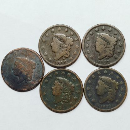 Picture of 1818, 1827, 1833 x2, 1837 Coronet Head Large Cents 1c 5 Coins 28191
