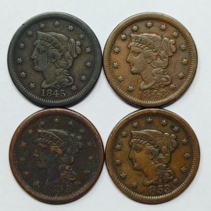 Picture of 1845, 1848, 1853 x2 Braided Hair Large Cents 1c 4 Coins 28195