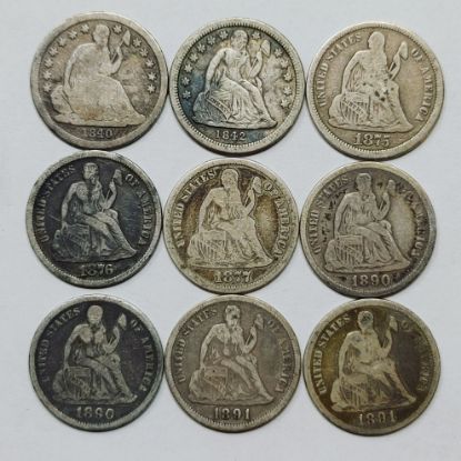 Picture of (9) 1840o - 1891 Seated Liberty Dimes w/ CC 10c Carson City 28206