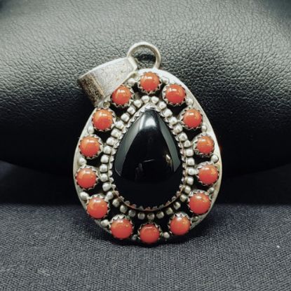Picture of Bea Tom Sterling Silver w/ Coral & Black Onyx Navajo Pendant 1.25"x1" 9.6g 28291