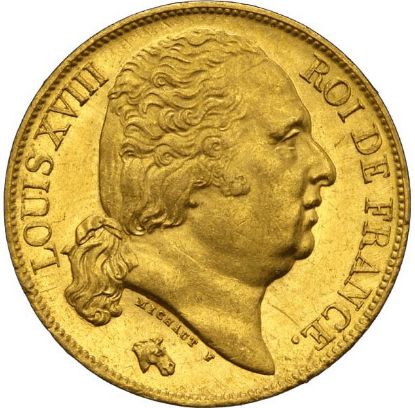 Picture of France 20 Francs Gold Louis XVIII (1814-1824) AU .1867 AGW