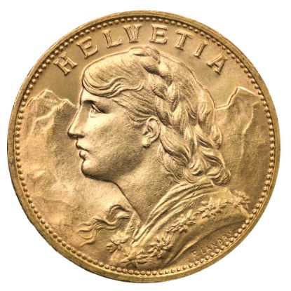 Picture of Switzerland 20 Francs Gold - Helvetia (Random Date) BU .1867 AGW