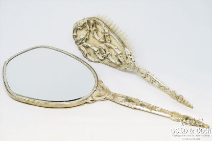 Picture of Antique Vanity Set Mirror & Brush Set, Enamel Baroque Ornate Gold Tone 2pc 