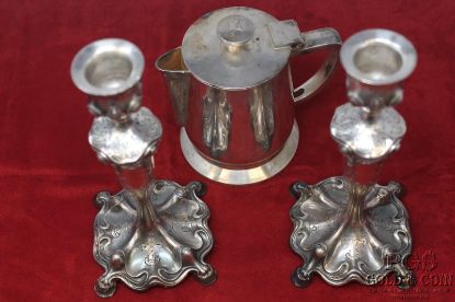 Picture of Vintage Hilton Silverplate Coffee/Teapot + 2 Barbour Candlesticks 