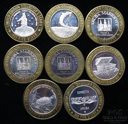 Picture of (8) Assorted Limited Edition Vintage Casino $10 .999 Silver Gaming Tokens 