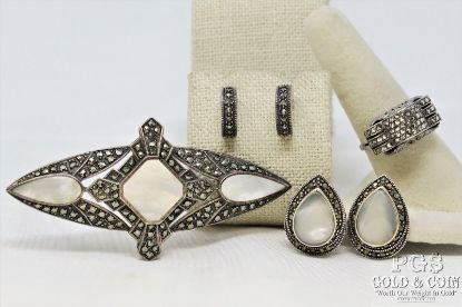 Picture of Signed Sterling Silver Marcasite MOP Pin, Earrings, Ring 4pc 