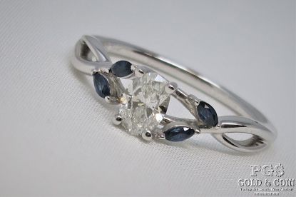 Picture of .53ct J VS Oval Diamond Ring w/ Marquee Sapphire Accents 18k 