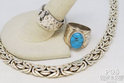 Picture of Sterling Silver Byzantine Chain + Turquoise Hammered Ring