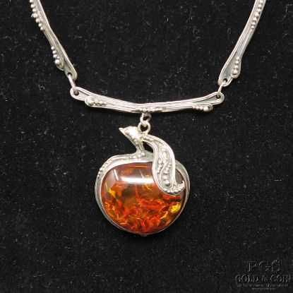 Picture of Vintage Sterling Silver Necklace w/ Large Apple Amber Pendant 15" 