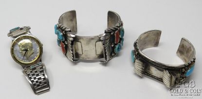Picture of (3)Vintage Navajo Sterling Silver & Turquoise Watch Cuffs & Watch 
