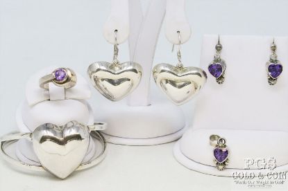 Picture of Taxco Sterling Silver MCM Puffy Heart Bracelet, Earrings & Amethyst Ring, Pendant, Earrings