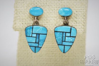 Picture of Zuni Sterling Silver Inlay Turquoise Earrings & Pueblo Pots Pin 