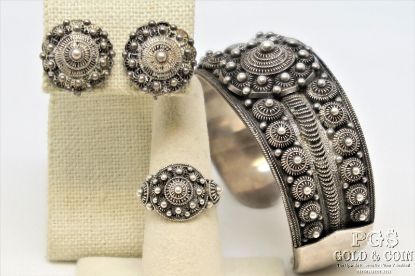Picture of Moroccan Berber Silver Bracelet Tribal Cuff, Ring & Earrings Set