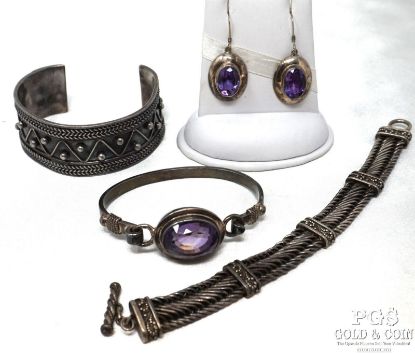 Picture of Tribal Cuff, Faceted Amethyst Bracelet, Earrings & Wheat Chain Bracelet 