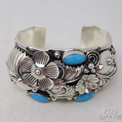 Picture of  Cii Mexico Sterling Silver Turquoise Floral Motif Cuff Bracelet 