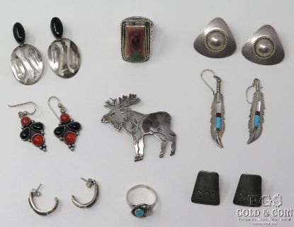 Picture of Sterling Silver Native American/Navajo Jewelry Set w/Earrings, Rings & Pin 