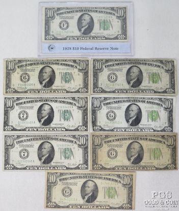 Picture of 1928 $10 Federal Reserve Notes/Gold Certificates x8 w/ Low Serial 