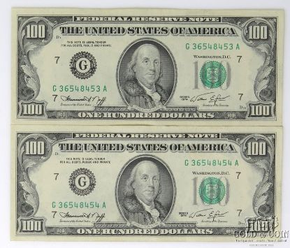 Picture of Series 1974 $100 Federal Reserve Notes Chicago x2 Consecutive Serial #'s 
