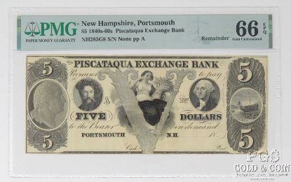 Picture of 1840's-60's $5 Piscataqua Exchange Bank pp A Gem UNC66 EPQ PMG 