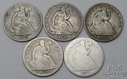Picture of  Seated Liberty Half Dollars 50c 1854, 1874, 1876-S x2, 1877-S  (5pcs)
