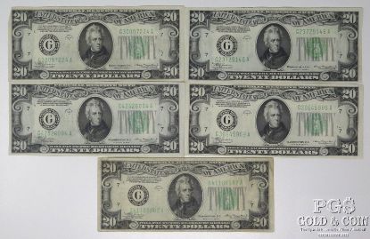 Picture of Series 1934-A Chicago 'Mule' $20 Federal Reserve Notes x5