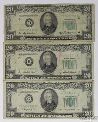 Picture of Series 1950-B $20 Federal Reserve Notes x3 - New York, Chicago, Cleveland