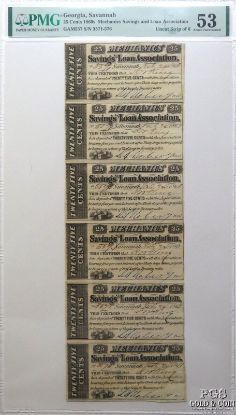 Picture of 1860's Georgia, Savannah 25 cents Mechanics Savings Loan Uncut Sheet PMG53