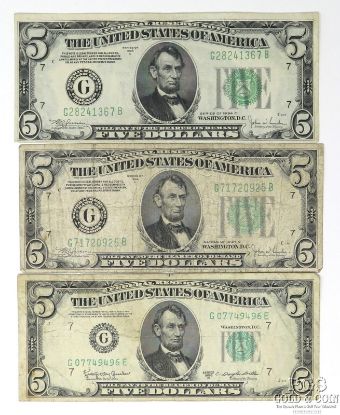 Picture of $5 Federal Reserve Notes x3 - 2x 1934-C & 1x 1950-D