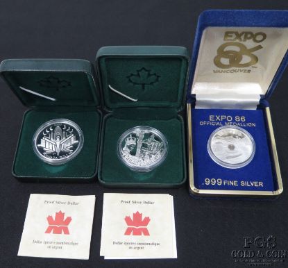 Picture of Canada Proof Silver Dollars x2 + Expo 1986 1/4oz Silver Medallion  (3pcs)