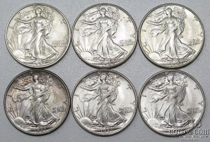 Picture of 1941, 1942 x2, 1943 x3 Walking Liberty Half Dollars 50c (6pcs) BU
