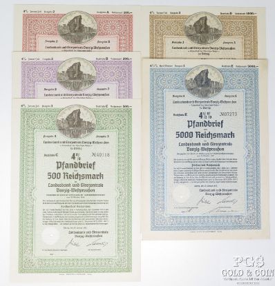 Picture of Full Set 1941 German 100, 200, 500, 1000, 5000 Reichsmark Bonds State of Danzig 