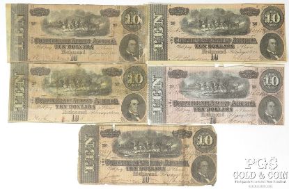 Picture of 1864 $10 Confederate States of America Notes x5 - Richmond, VA 