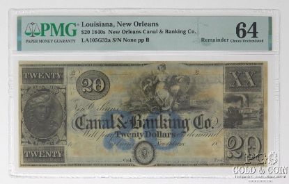 Picture of 1840's $20 New Orleans Canal & Banking Co pp B Choice UNC64 PMG 