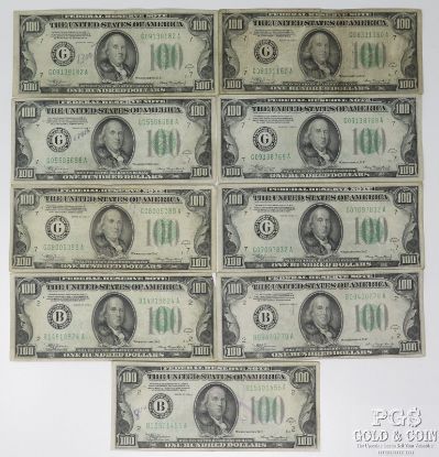 Picture of Series 1934-A $100 Federal Reserve Notes x9 - 3x New York, 6x Chicago 