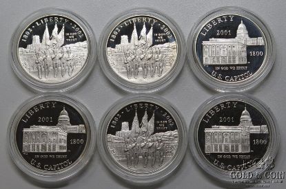 Picture of 2001 US Cap Visitors Center x3, 2002 Military Academy Bicentennial x3 Proof Silver Dollar Commemoratives $1