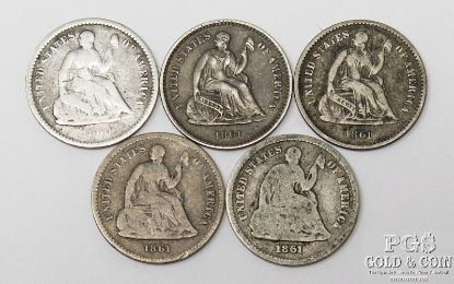 Picture of 1860-O, 1861 x4 Seated Liberty Half Dimes 1/2D  5x "Civil War Coins" 