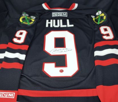 Picture of Bobby Hull Signed Chicago Blackhawks Official CCM Jersey w/ Hull COA Sticker 