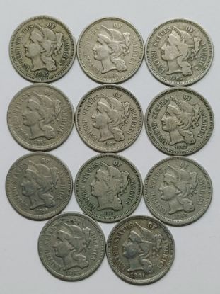 Picture of 11x 1865-1874 3 Cent Nickels 3CN 28655