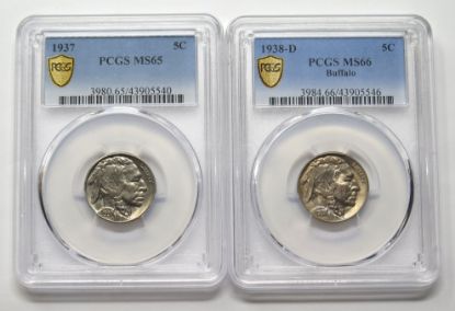 Picture of 1937 MS65 PCGS & 1938-D MS66 PGCS Buffalo Nickels 5c 28753