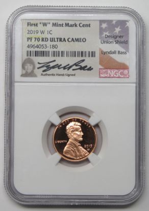 Picture of 2019-W PF70 RD Ultra Cameo NGC Bass Signed Lincoln Shield Cent 1st West Point 1c 