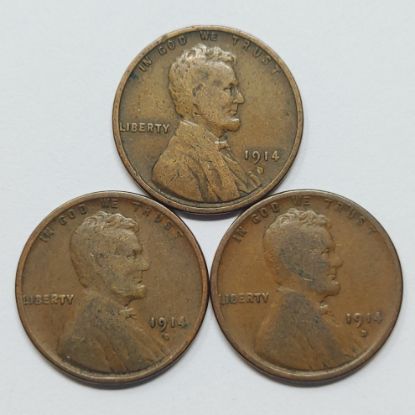 Picture of 3x 1914-D Key Date Lincoln Wheat Cents 1c Penny 28790