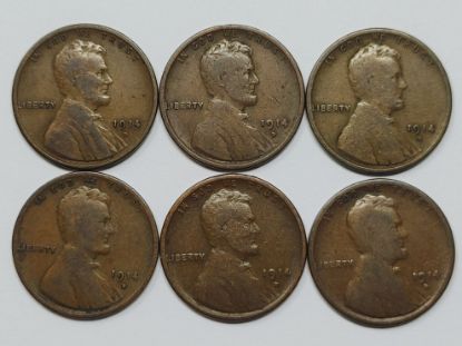 Picture of 6x 1914-D Key Date Lincoln Wheat Cents 1c Penny 